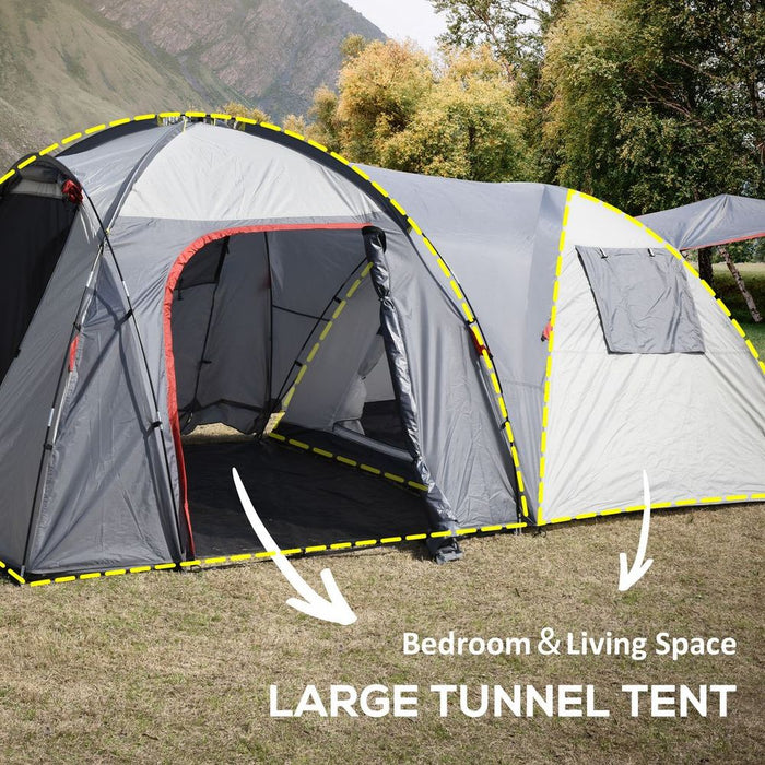 Outsunny 4-5 Man Tunnel Camping Tent: Two Rooms, Portable Mat - High Quality