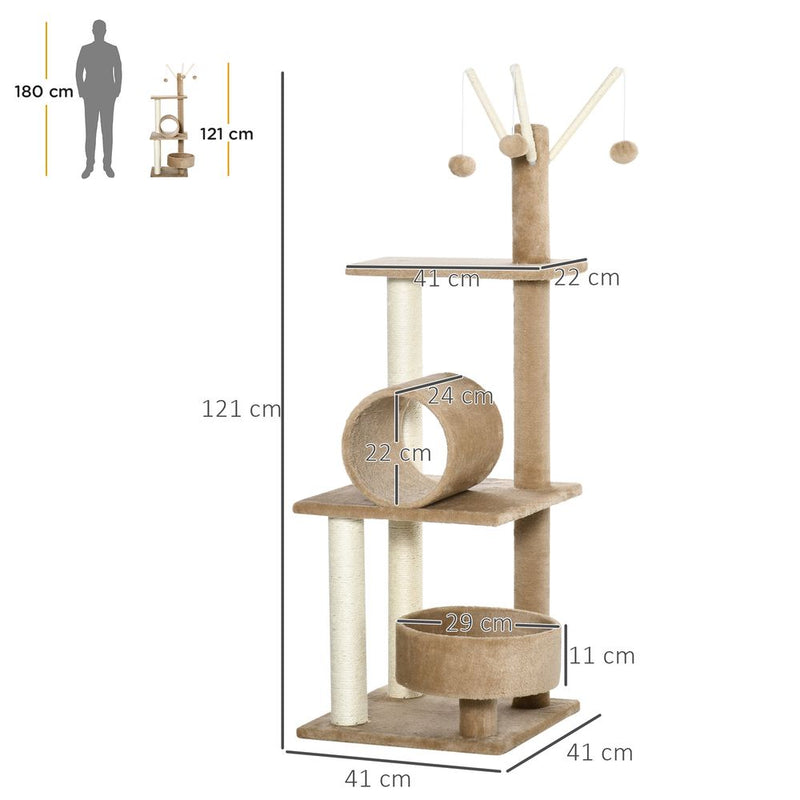 PawHut Cat Tree for Indoor Cats 121cm Kitten Tower Sisal Scratching Post Pet Activity Center Perch Condo Hanging Ball Grey