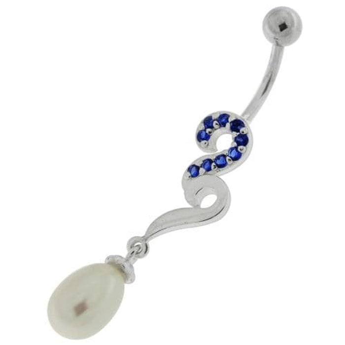 Pearl Jeweled Fancy Silver Dangling Banana Bar Navel Belly Ring