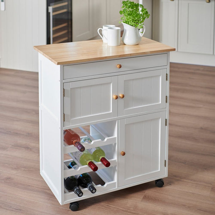 Kitchen Cart - White, Compact Storage for Appliances, Utensils, Crockery, 9-Bottle Wine Rack, Easy Assembly, Casters