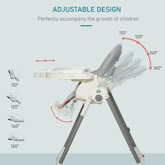 HOMCOM Foldable Baby High Chair Convertible Feeding Chair Height Adjustable with Adjustable Backrest Footrest and Removable Tray 5 Point Safety Harness for Kids 6-36 Months Grey