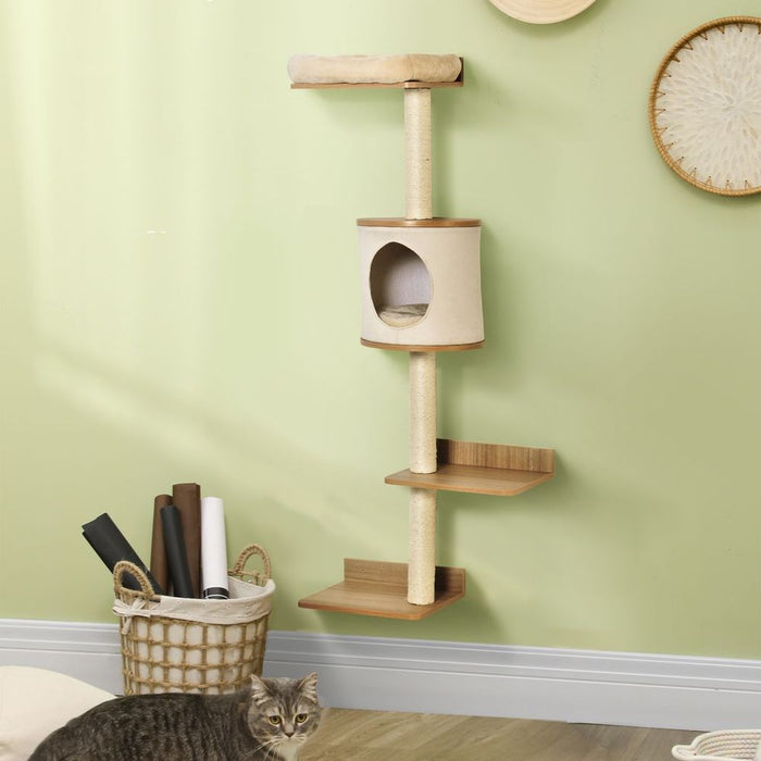 PawHut Wall-Mounted Cat Tree Shelter - Condo Bed Scratching Post - Beige