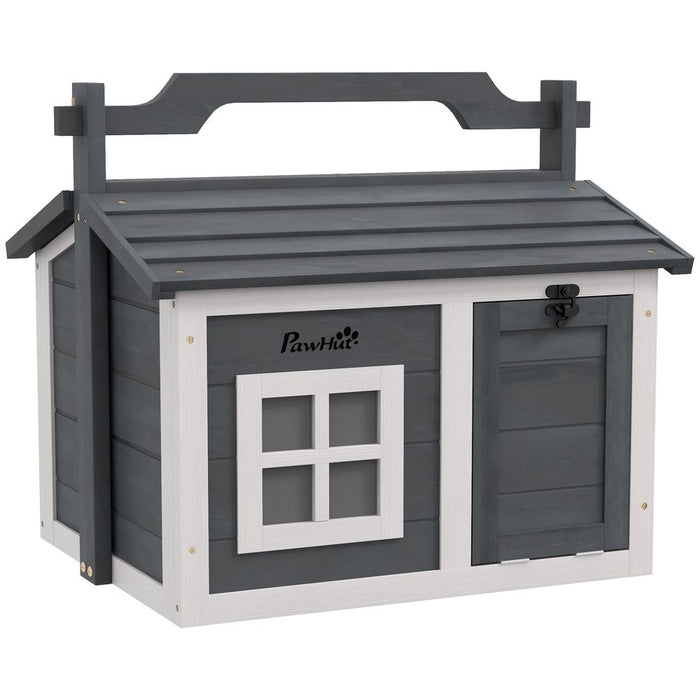 PawHut Rabbit Hutch - Indoor Outdoor, Openable Roof, Top Handle, Grey