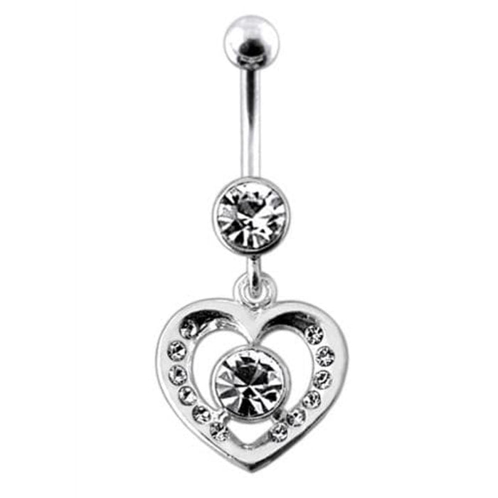 Fancy Jeweled Heart And Centered Stone Dangling Belly Ring Body Jewelry