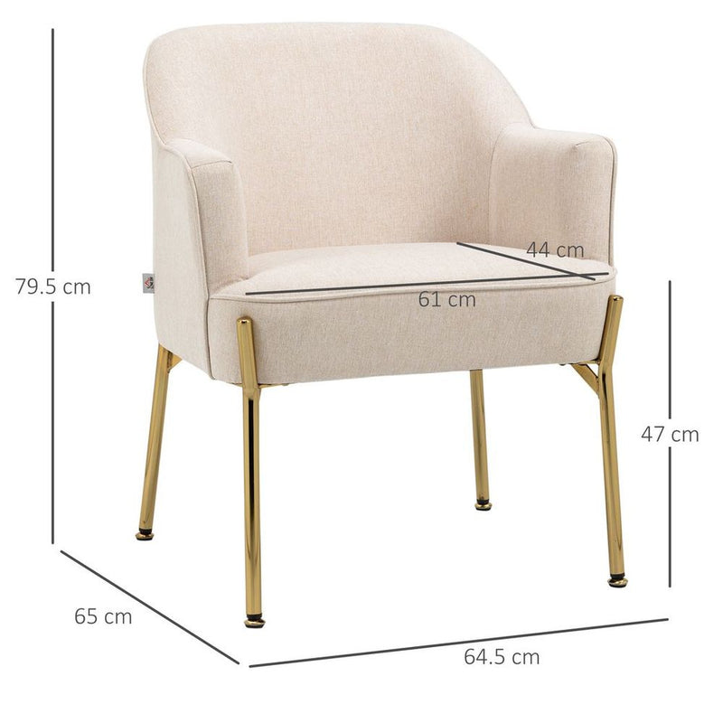 White Fabric Armchair Accent Chair | Metal Legs | Living Room & Bedroom | High Quality