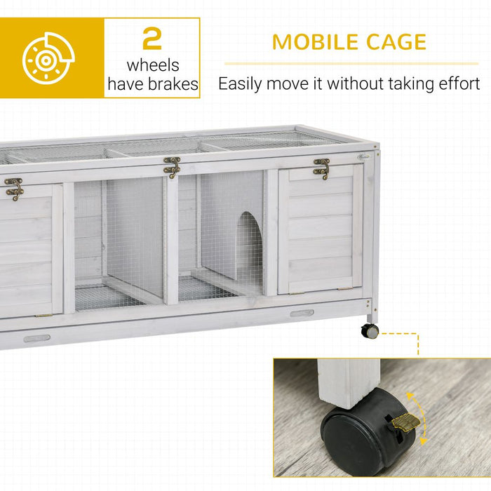 PawHut Rabbit Hutch Guinea Pig Cage, 2 in 1 Small Animal House for Indoor with Wheels 138 x 53 x 61cm, Light Grey