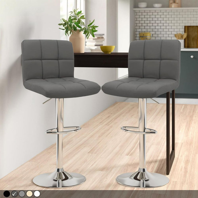 Set of Two Neo Grey Faux Leather Bar Stools with Polished Chrome Legs