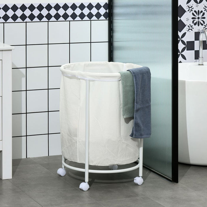 HOMCOM 100L Round Laundry Hamper with Wheels for Bedroom Bathroom Cream White