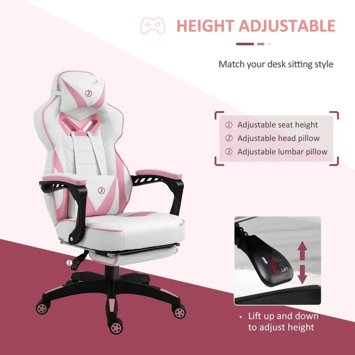 Ergonomic Gaming Chair w/ Footrest & Wheels | Stylish Office | Pink