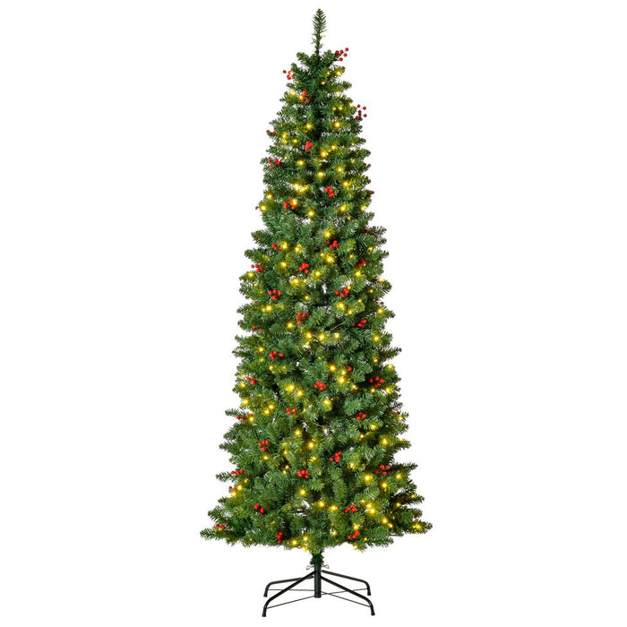 7FT Prelit Artificial Pencil Christmas Tree Warm White LED Red Berry Green