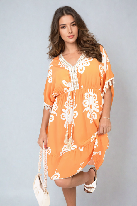 Bohemian V-Neck Midi Dress | Vibrant Prints | Tassel Detail