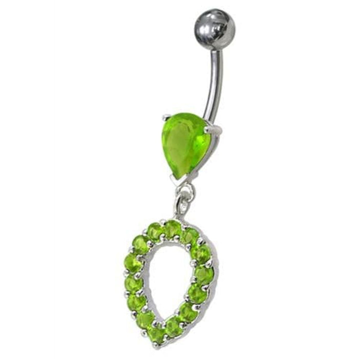 Fancy Green CZ Jeweled Silver Dangling Navel Banana Belly Ring