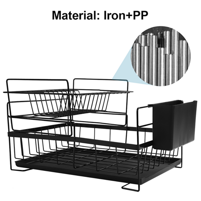 2 Tier Kitchen Sink Dish Drainer Rack with Drip Tray Cutlery Holder Plate UK