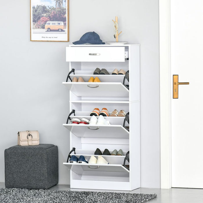 4 Drawer Shoe Cabinet with Flip Doors Shelves - 18 Pair Storage - White