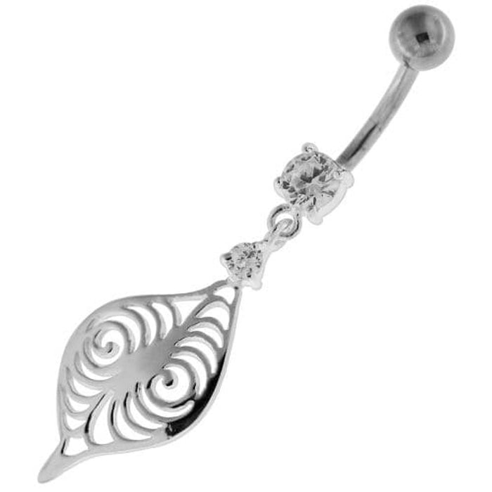 Flower Leaf Jeweled Sterling Silver Navel Belly Button Bar