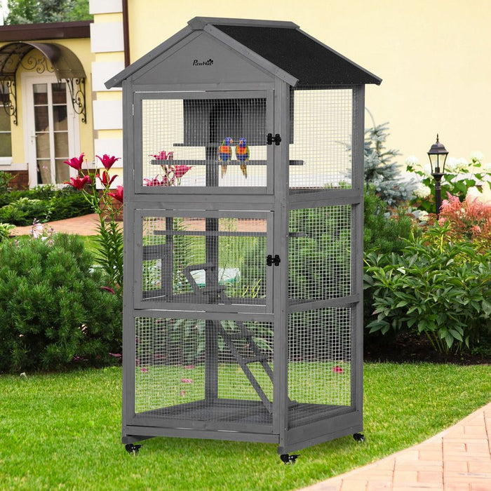 Bird Cage Wooden Aviary for Canary Cockatiel Parrot w/ Wheels Tray