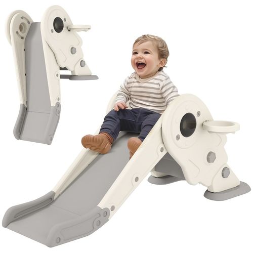 AIYAPLAY 3 in1 Kids Slide with Basketball Hoop, Climber, Cream White