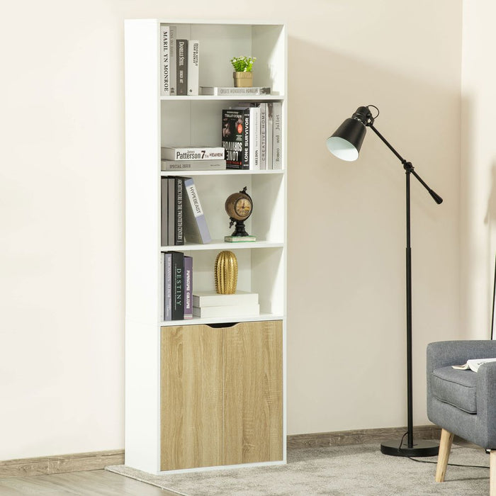 HOMCOM 2-Door Bookcase Cupboard - White/Oak - 4 Shelves - High Quality & Stylish