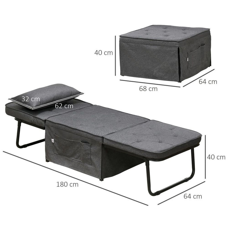 HOMCOM Folding Sleeper Chair Bed with Pillow and Side Pockets, Charcoal Grey