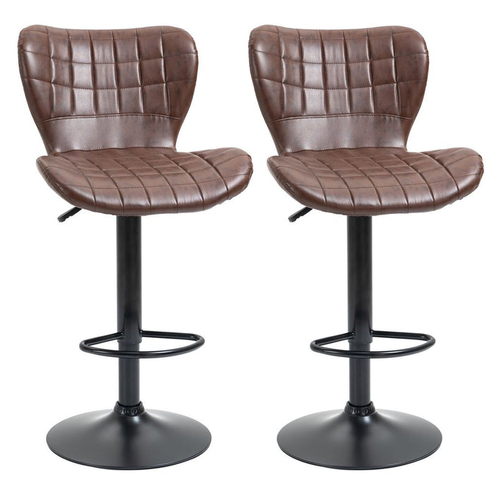 2 Brown PU Leather Swivel Bar Chairs - Adjustable Height, Backrest - High Quality