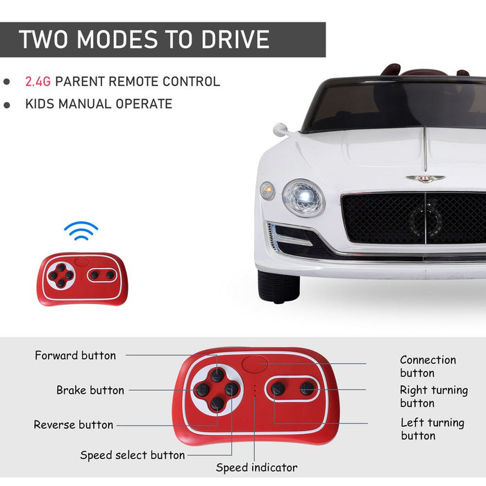 HOMCOM Compatible Electric Kids Ride On Car Bentley GT 12V Battery Powered Toy Two Motors with LED Light Music Parental Remote Control for 3-5 Years White Bentley