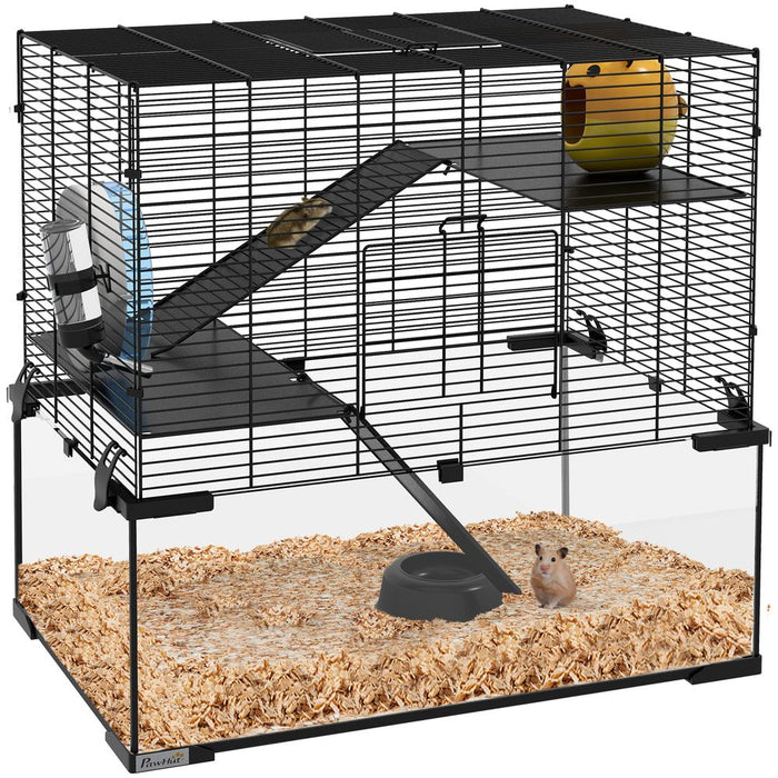 Spacious 3-Tier Hamster Cage w/ Glass Bottom, Dish, Hut - 60x40x57cm