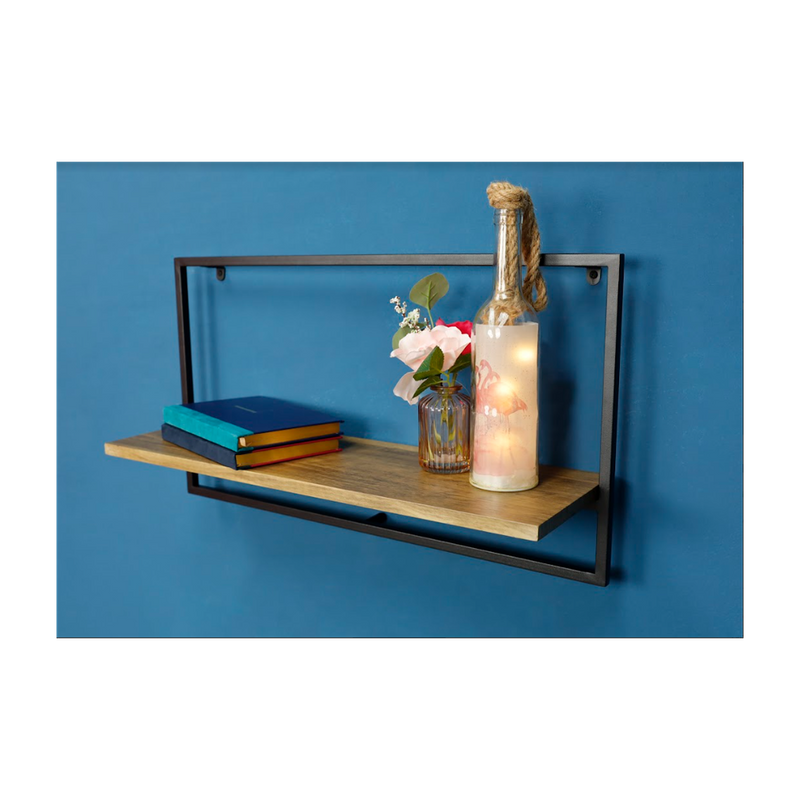 Sturdy Dark Oak Floating Wall Shelf - PARGI: Wide Design, Black Frame