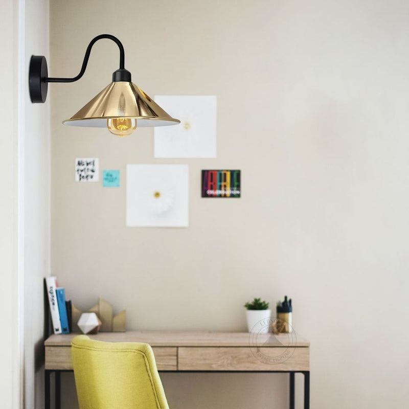 French Gold Wall Light Fixture,Black Wall Sconce E27 Base Socket Screw Type Wall Mounted Swan Neck Cone Shape Shade