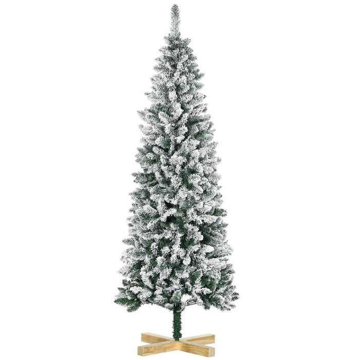 HOMCOM 6 Ft Snow Flocked Artificial Christmas Tree, Xmas Pencil Tree with Realistic Branches, Auto Open, Pinewood Base, Green