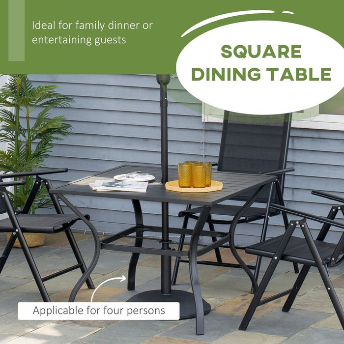 Outsunny Garden Table with Parasol Hole for Four, Slatted Metal Plate Top