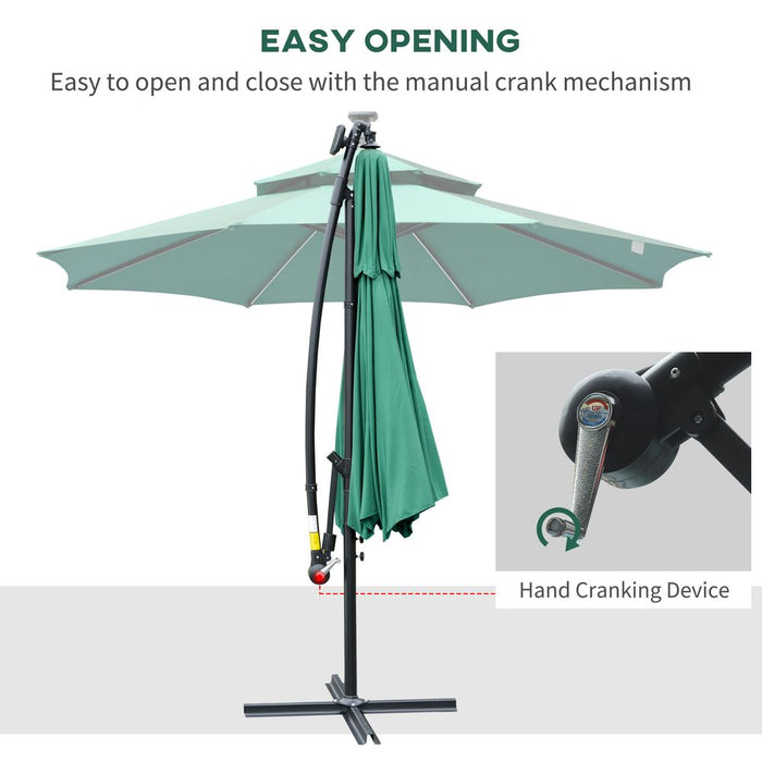 Premium 3m Double Roof Cantilever Banana Parasol w/ LED Solar Lights - Crank, Green