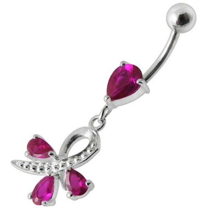 Silver  Pear Jeweled Dangling SS Belly Ring Body Jewelry