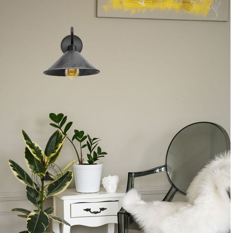 Vintage Wall Light Fixture, Brushed Silver, E27 Base, Black Cone Shade - Perfect for Indoor Lighting, 3 Year Warranty, CE/RoHS Certified
