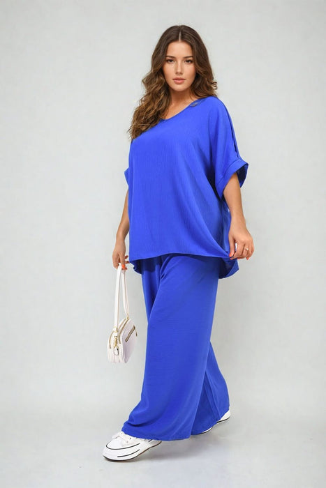 Button Detail V Neck Loose Top and Wide Leg Trouser Co-ord Set