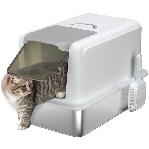 PawHut Stainless Steel Cat Litter Box with Removable Lid & Scoop, White