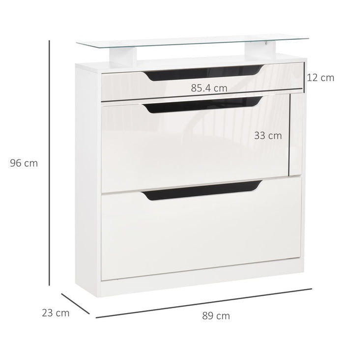 Shoe Cabinet  3 Drawers High Gloss Storage Cupboard  Glass Top White