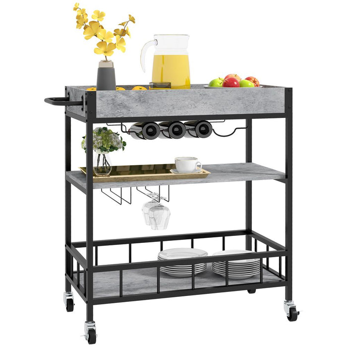 Premium HOMCOM Bar Cart: Industrial 3-Tier Kitchen Trolley with Wine Rack, Wheels for Easy Mobility