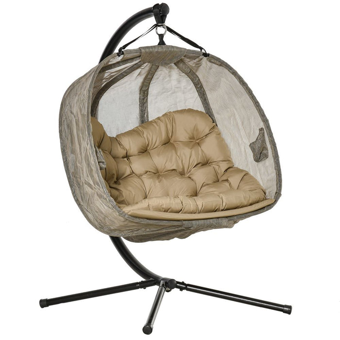 Double Egg Swing Chair for 2 w/ Cushion - Brown. Large Size, Steel Frame. Ideal for Gardens, Balconies. Maximum Load 230KG