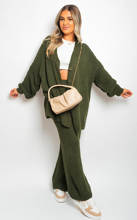 Chunky Knitted Button Up Cardigan Wide Leg Trousers Co-ord Set