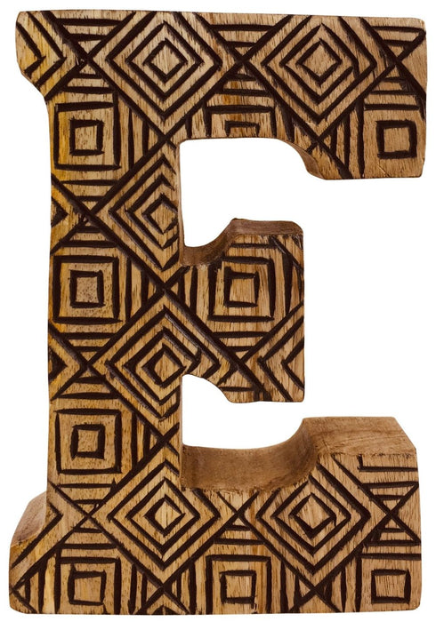 Intricate Hand Carved Wooden Geometric Letter E