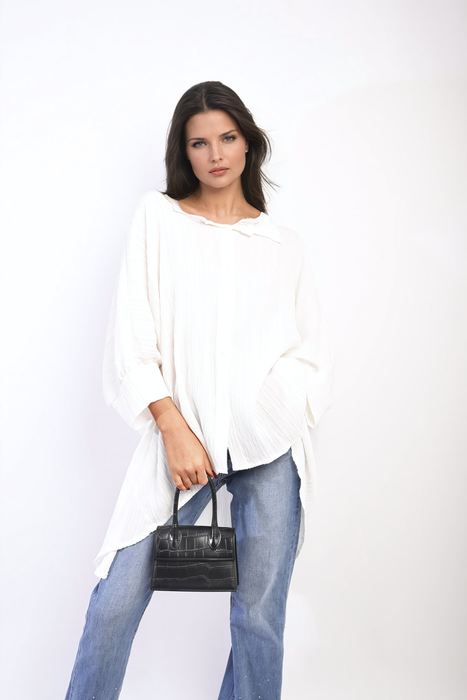 Angela Oversized Button Front Top - Stylish & Versatile Long Sleeve Shirt