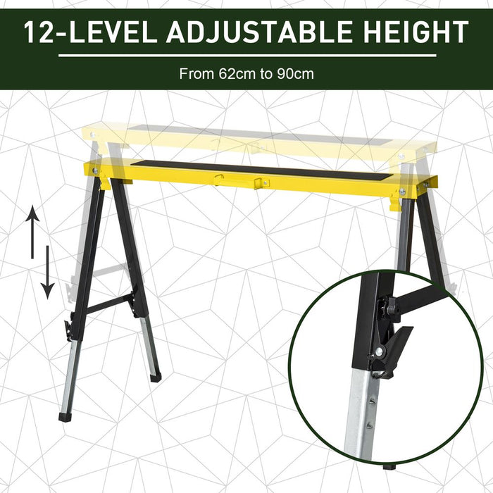 DURHAND 2PCS Saw Horse Twin Pack Folding Workbench Adjustable Metal Trestle Stands with Non-Slip EVA Surface for Sawing Work Max Load 100kg