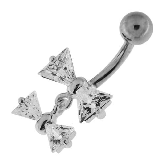 Jeweled Twin Bow Sterling Silver Navel Belly Button Ring