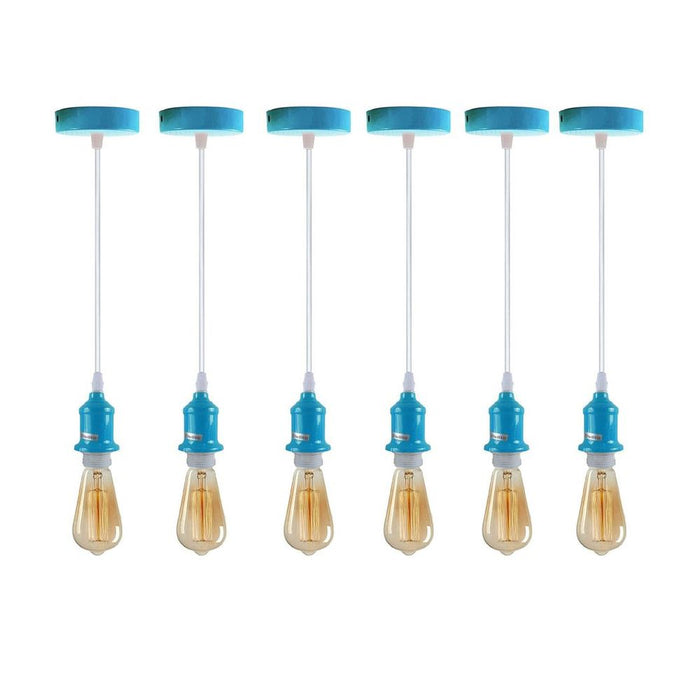 Industrial Pendant Light Set - 6 Pack, Addable Lampshade, Blue Holder, E27 Fitting, PVC Cable - High Quality