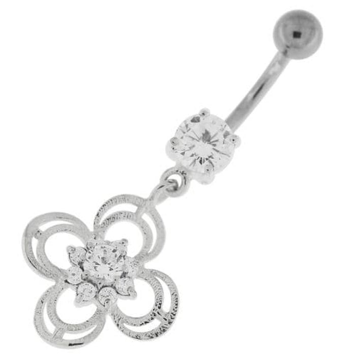 Flower With Bow Jeweled Silver Belly Button Ring