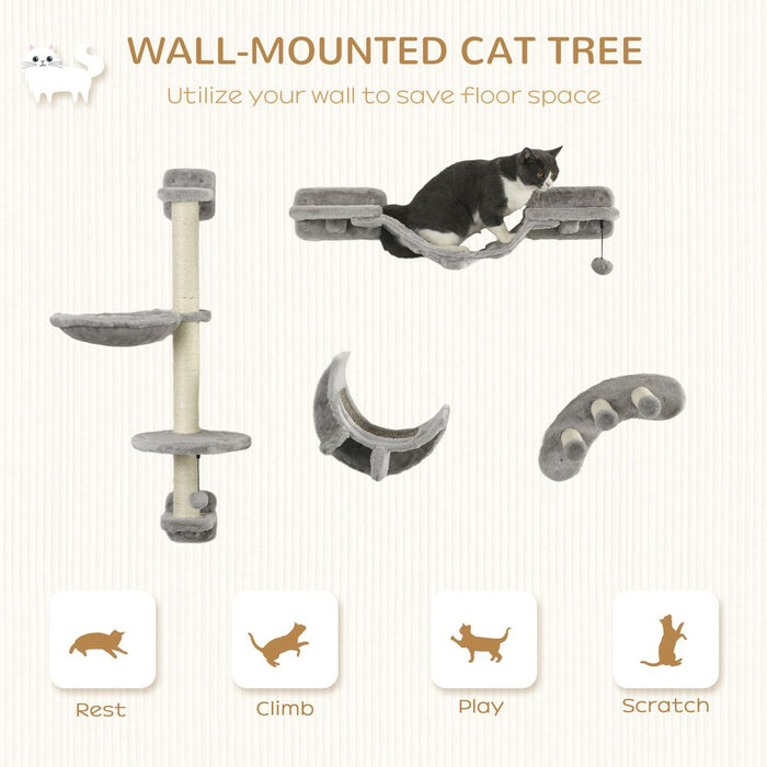 PawHut 4PCs Cat Furniture Set: Wall Hammock, Ladder, Platforms, Steps - Grey