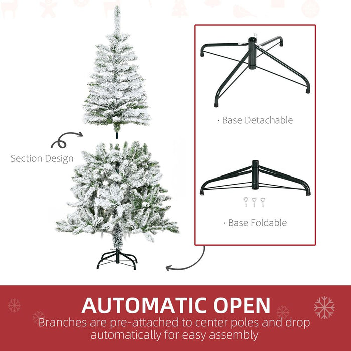 HOMCOM 5 Ft Snow Flocked Artificial Christmas Tree Xmas Pine Tree with Realistic Branches, Auto Open and Steel Base, Green