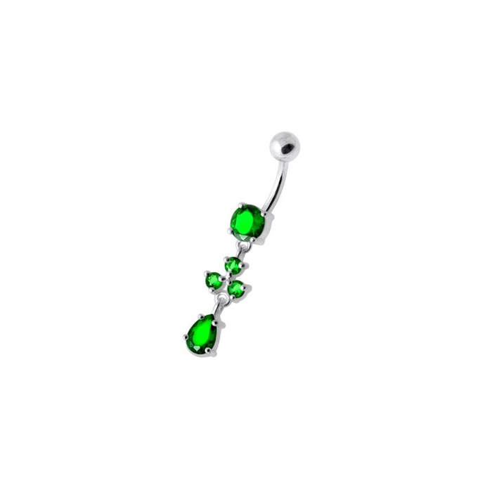 Tri Round Jeweled Dangling Silver Belly Bar