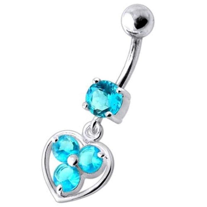 Jeweled Silver Heart Dangling SS Curved Bar Banana Belly Ring