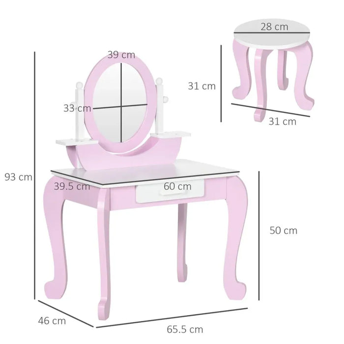 Kids Dressing Table with Mirror and Stool with Drawer for 3-6 Years Old, Pink